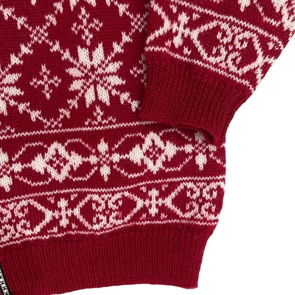 Talbots 100% wool Nordic fair isle cardigan sweater red snowflakes design size 8 - Picture 7 of 11